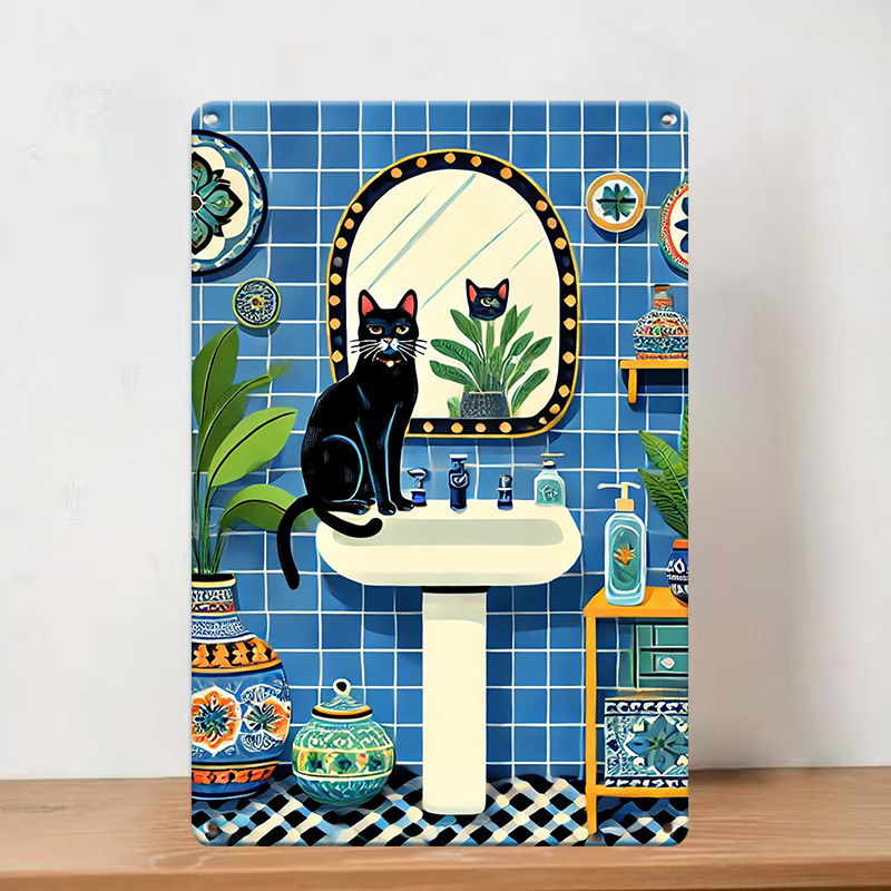 Home Bathroom Tiles Design - Letrero Metálico Vintage de Gato Negro
